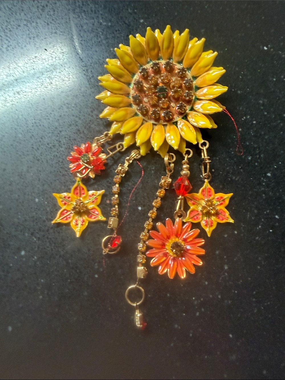 Sunflower & Floral Dangle Brooch Pin in Yellow and Orange